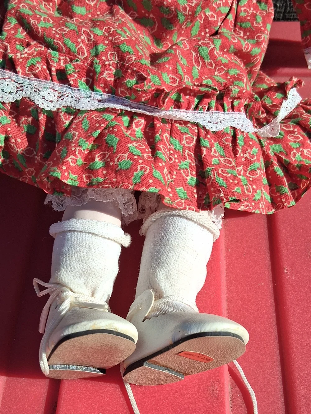 Red Floral Porcelain Doll with Lace Dress